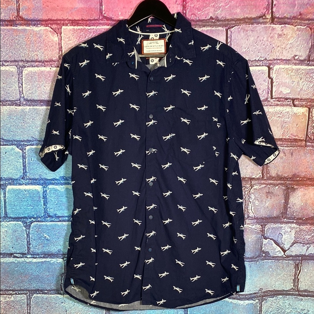 Boys Denim & Flower Button Up Navy Blue Shark Print Shirt Size XL - Picture 1 of 6